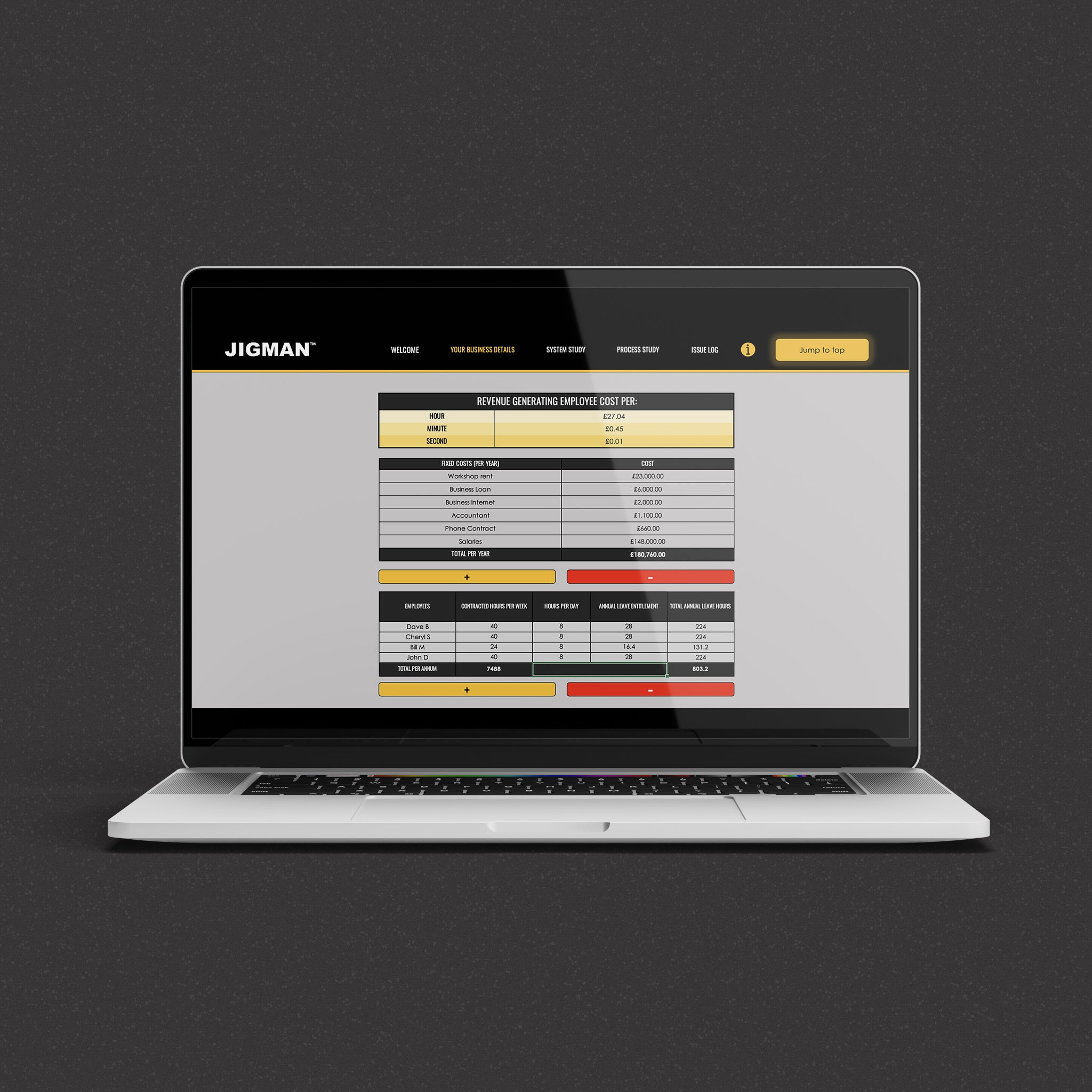 laptop screen showing business details section of jigmans costing tool