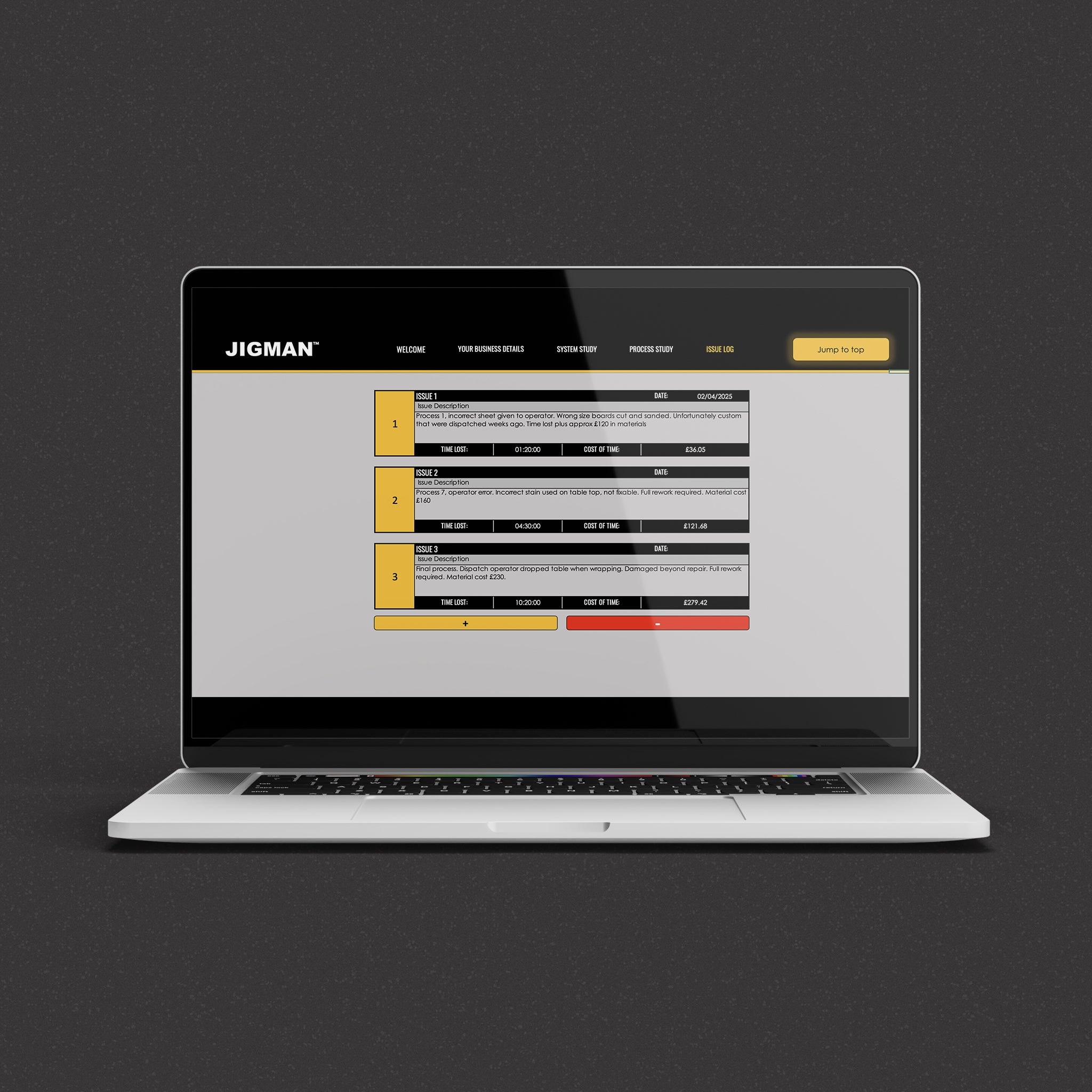 laptop screen showing the issue log section of jigmans costing tool