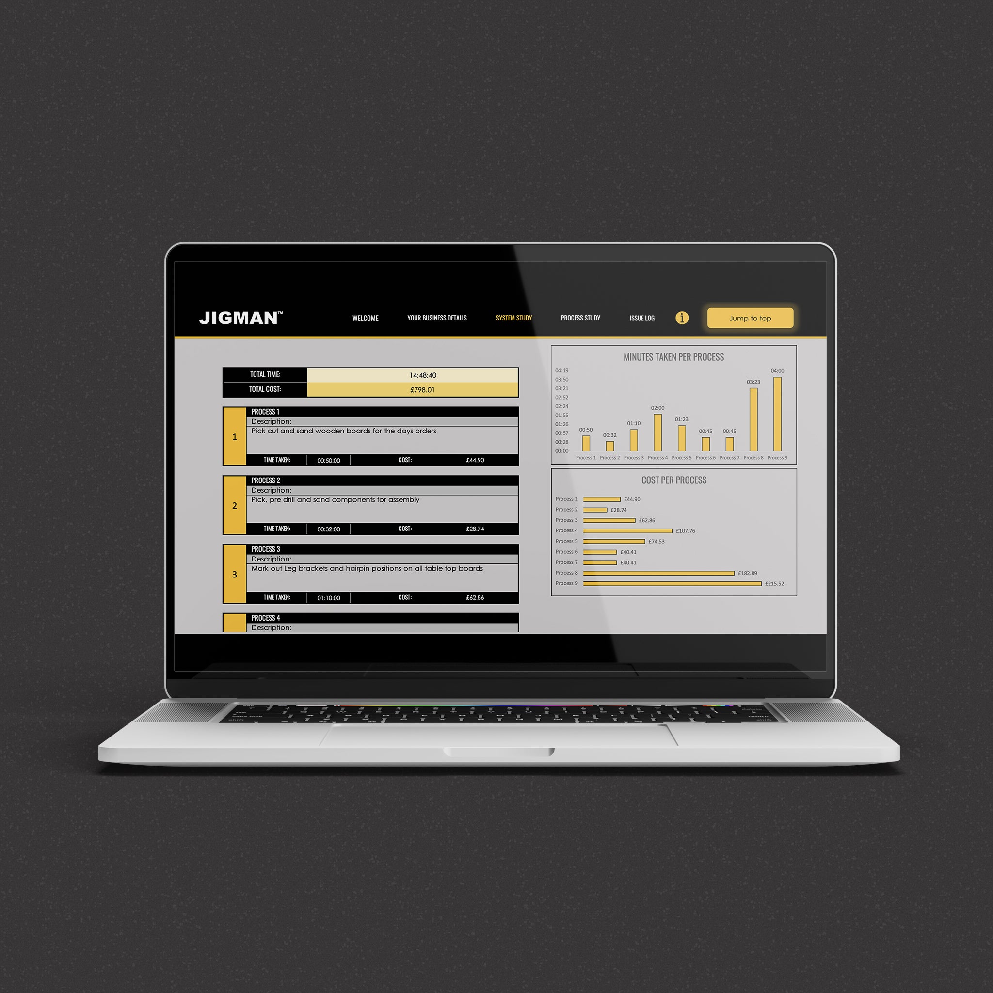 laptop screen showing the system study section of jigmans costing tool