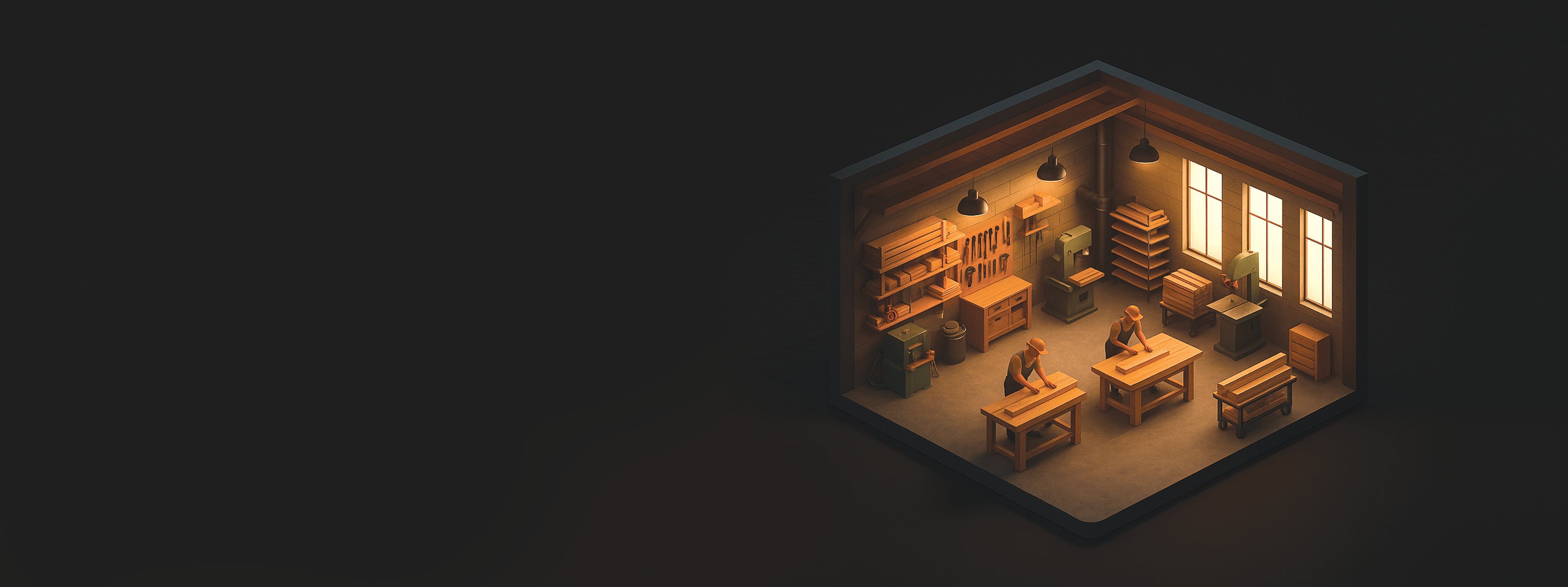 Isometric render of a small woodworking shop with two men working